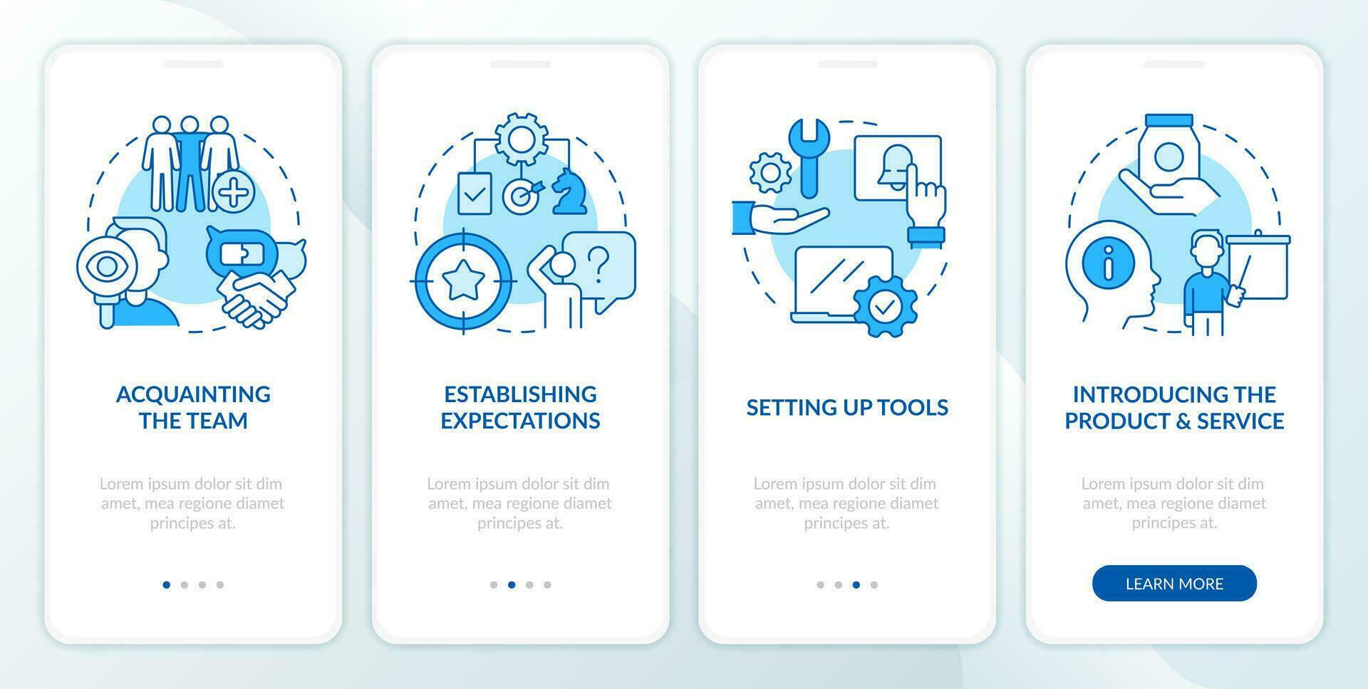 nieuw huren klant onderhoud opleiding blauw onboarding mobiel app scherm. walkthrough 4 stappen bewerkbare grafisch instructies met lineair concepten. ui, ux, gui sjabloon vector