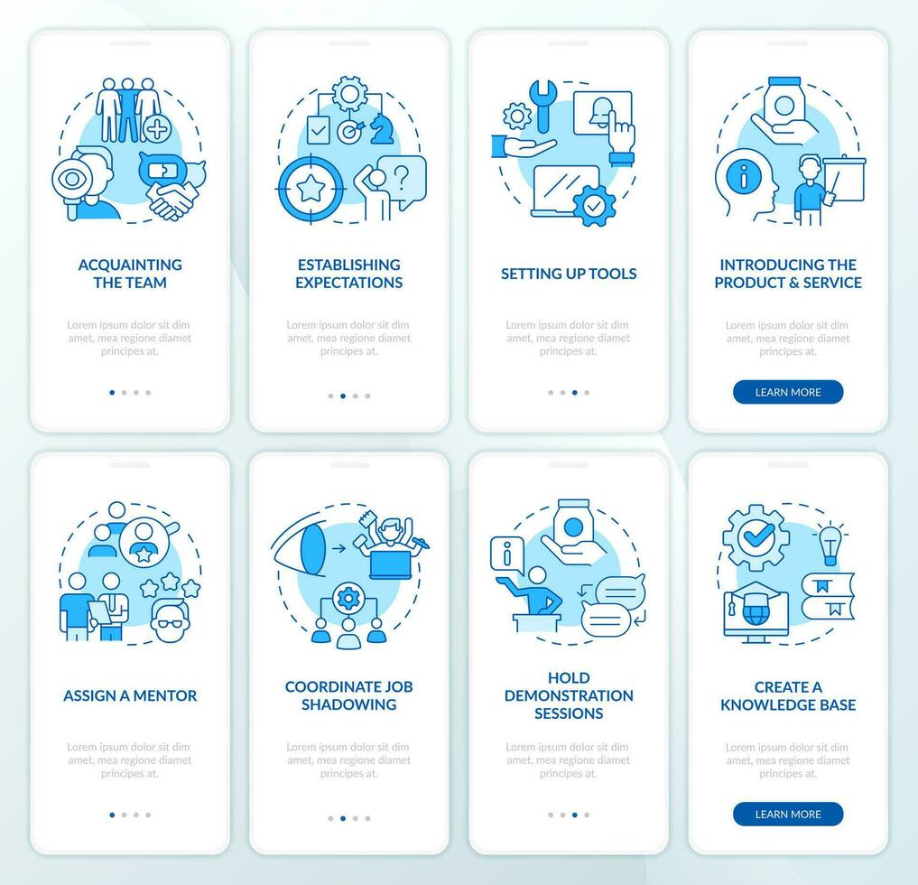 medewerkers trainingen blauw onboarding mobiel app schermen set. bedrijf walkthrough 4 stappen bewerkbare grafisch instructies met lineair concepten. ui, ux, gui sjabloon vector