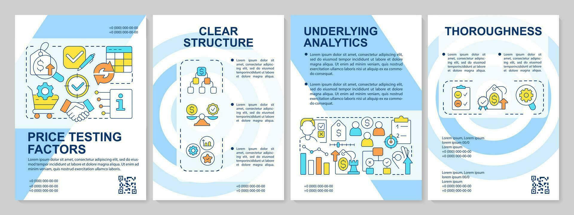 prijs testen factoren licht blauw brochure sjabloon. brochure ontwerp met lineair pictogrammen. bewerkbare 4 vector indelingen voor presentatie, jaar- rapporten