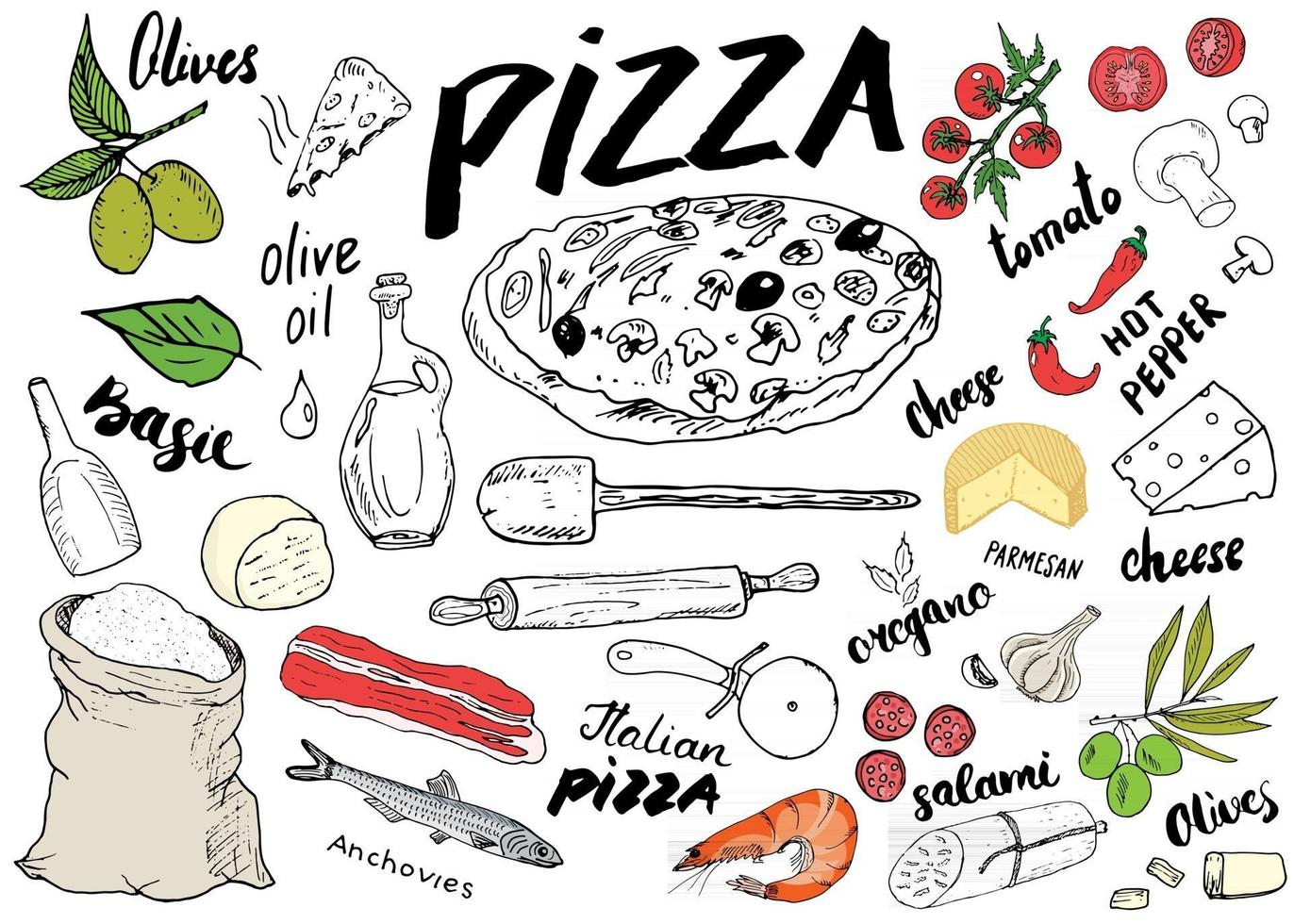 pizza hand getrokken schets menureeks. ontwerpsjabloon pizza voorbereiding met kaas, olijven, salami, champignons, tomaten, bloem en andere ingrediënten. vectorillustratie geïsoleerd op een witte achtergrond vector