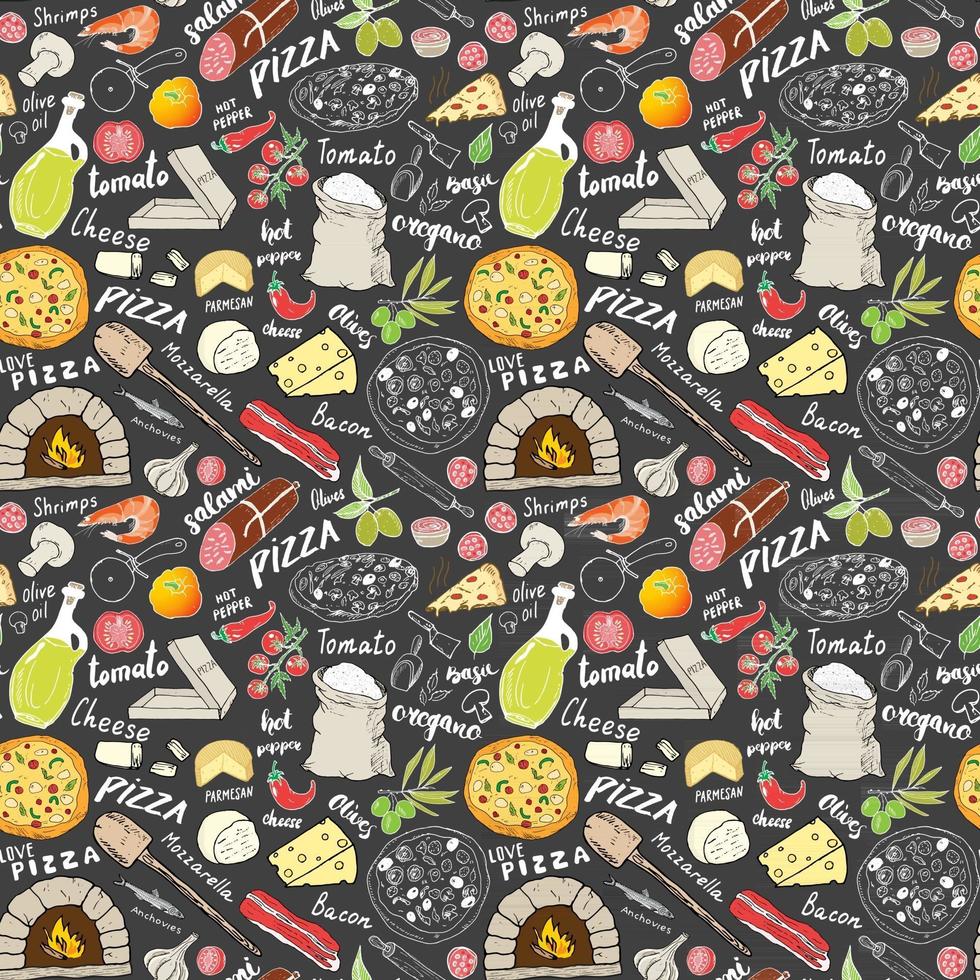pizza naadloze patroon hand getrokken schets. pizza doodles voedsel achtergrond met bloem en andere voedselingrediënten, oven en keukengerei. vector illustratie