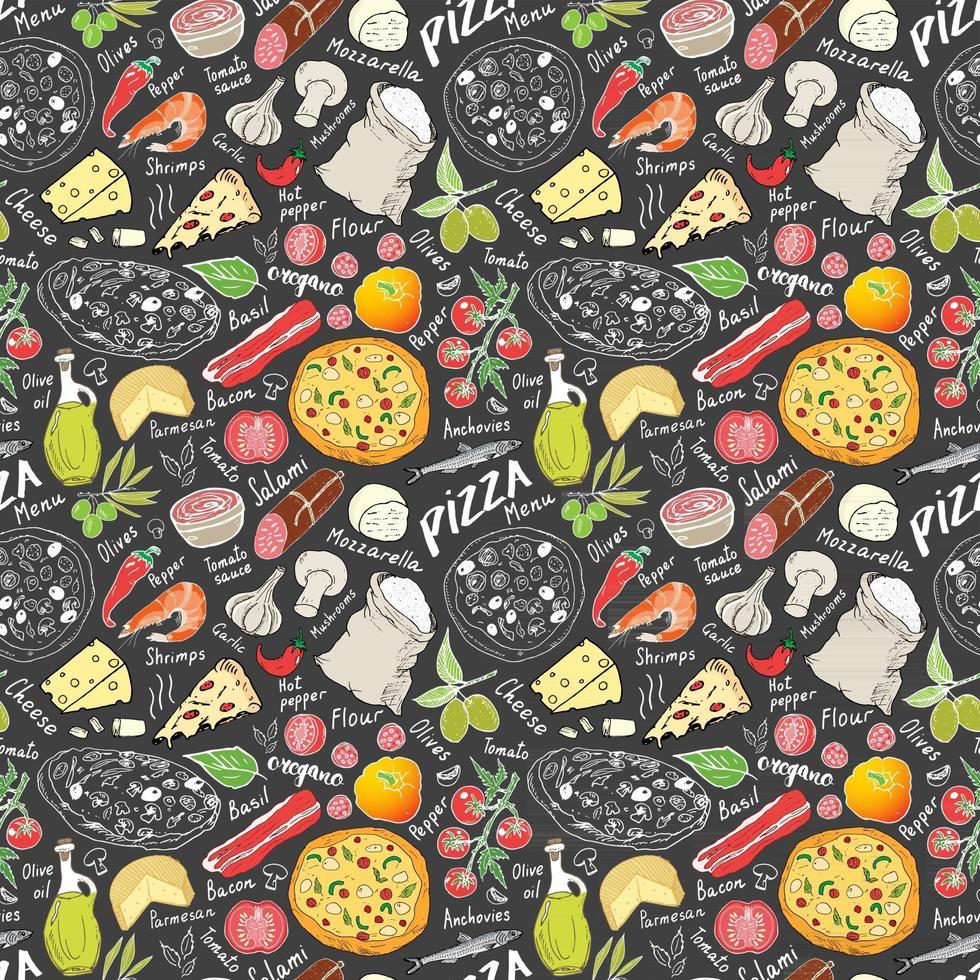 pizza naadloze patroon hand getrokken schets. pizza doodles voedsel achtergrond met bloem en andere voedselingrediënten, oven en keukengerei. vector illustratie