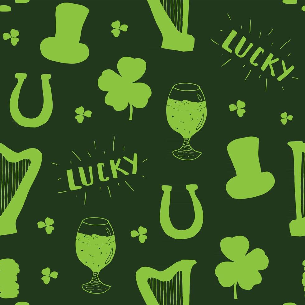 st patrick's day hand getrokken doodle naadloze patroon, met kabouter hoed, pot met gouden munten, regenboog, bier, klavertje vier, hoefijzer, Keltische harp vector illustratie achtergrond