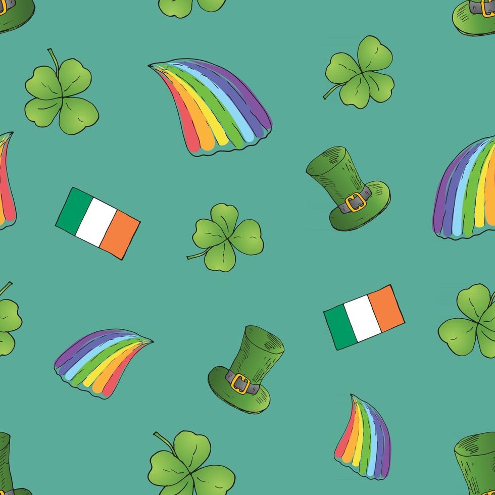 st patrick's day hand getrokken doodle naadloze patroon, met kabouter hoed, pot met gouden munten, regenboog, bier, klavertje vier, hoefijzer, Keltische harp vector illustratie achtergrond