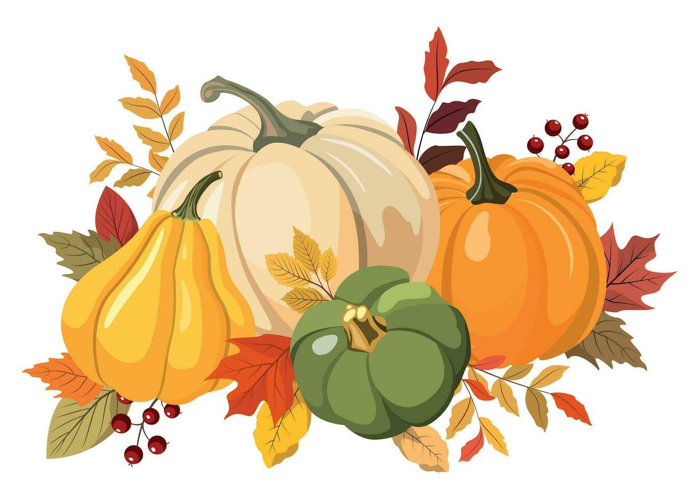 kleurrijk herfst pompoenen en Woud bladeren clip art. geïsoleerd Aan wit achtergrond. seizoensgebonden ontwerp voor groet of poster. vector