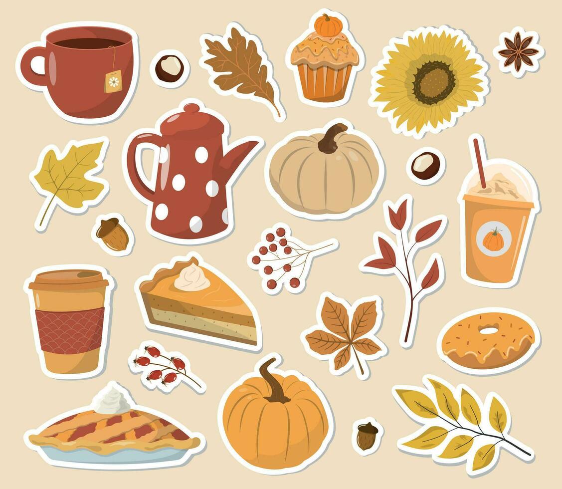 herfst stickers verzameling met seizoensgebonden pompoen kruiden, voedsel en drankje. reeks van herfst heerlijk zoet desserts of gebakjes, pompoenen, bladeren. vector