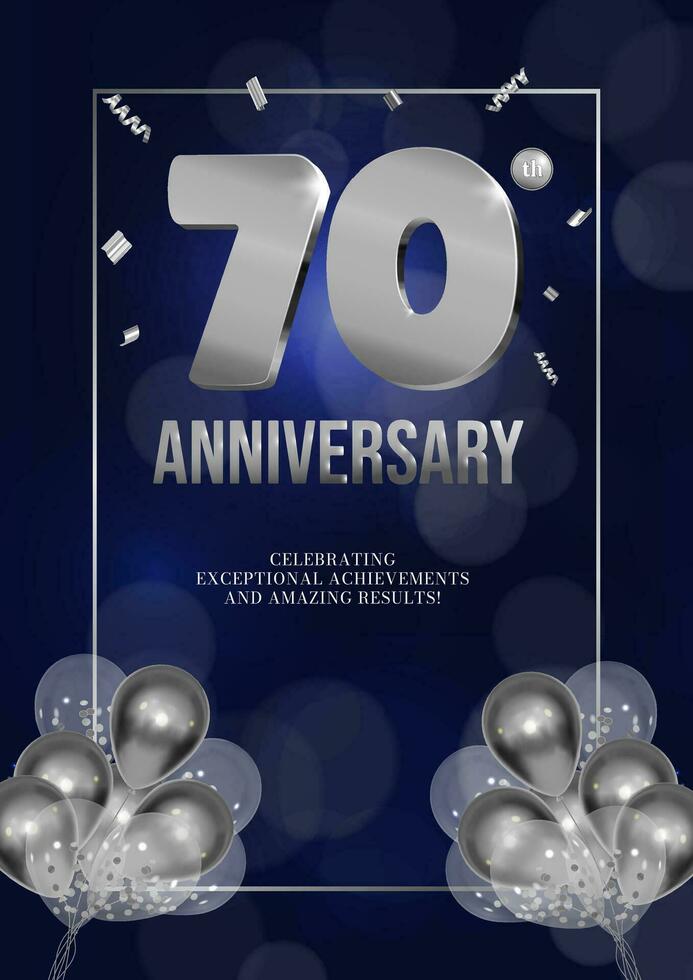 verjaardag viering folder zilver getallen donker achtergrond ontwerp met realistisch ballonnen 70 vector
