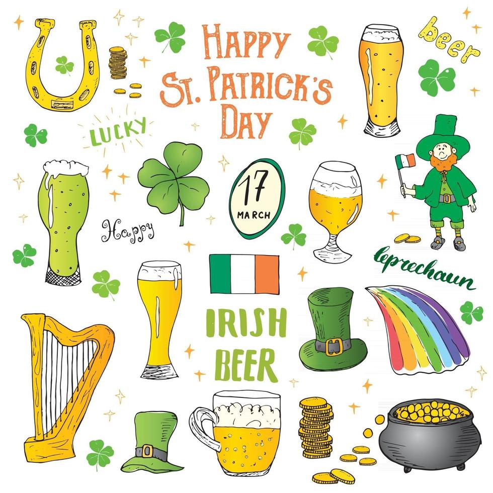 st patricks dag hand getrokken doodle iconen set, met kabouter, pot met gouden munten, regenboog, bier, vier leef klaver, hoefijzer, Keltische harp en vlag van ierland vector illustratie.