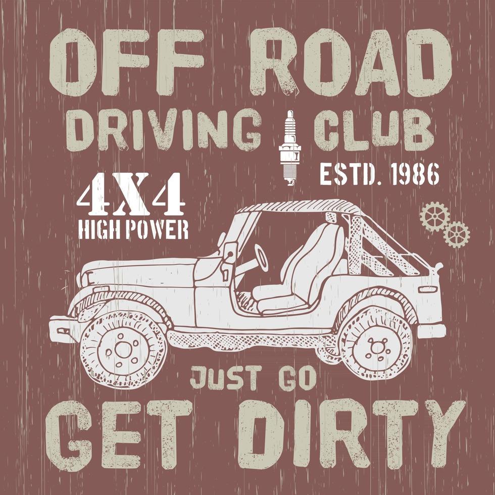 t-shirt ontwerp, offroad rijclub met suv auto typografie graphics, vector illustratie