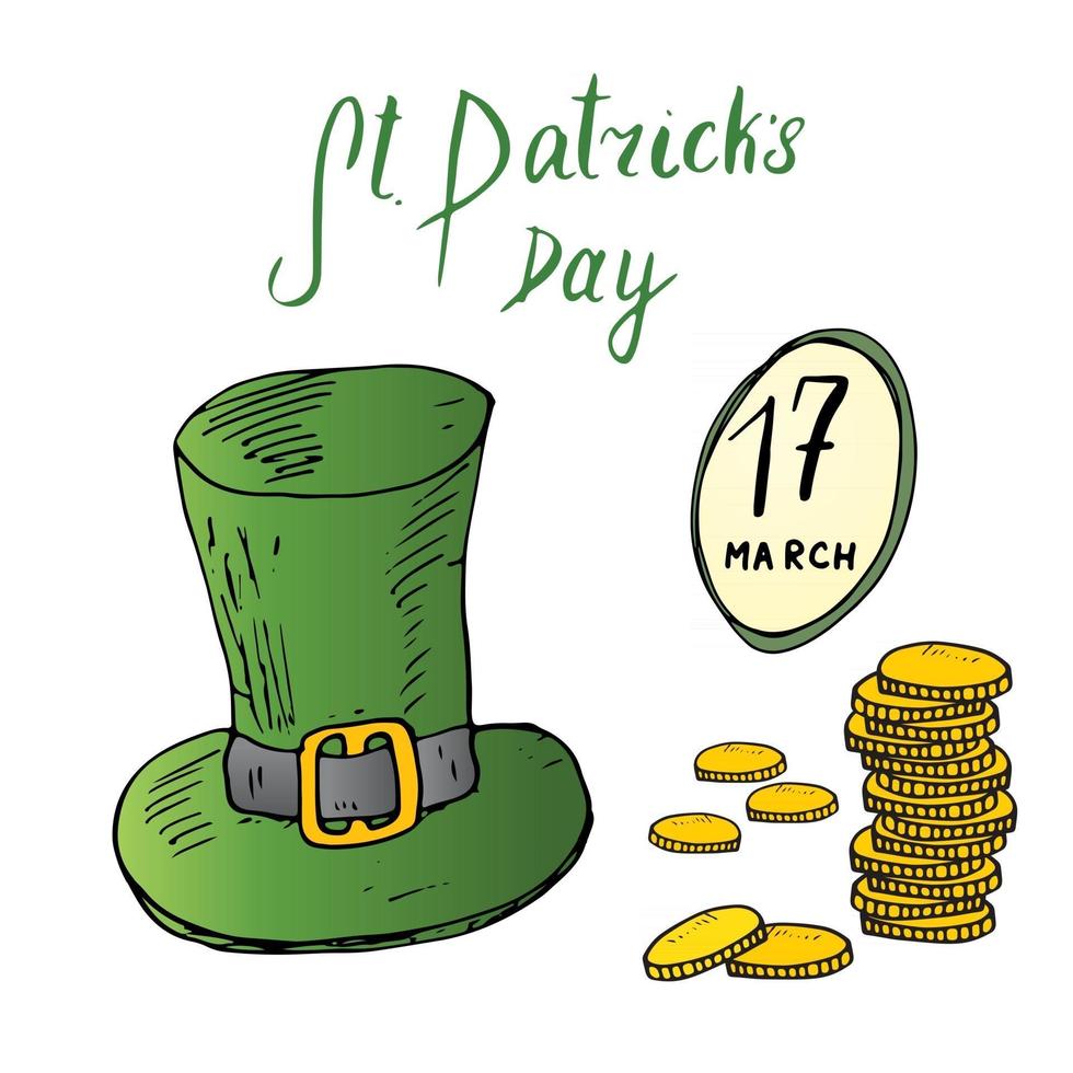 St patricks dag hand getrokken doodle set, met Ierse traditionele groene kabouterhoed en een stapel gouden munten, vectorillustratie geïsoleerd op wit vector
