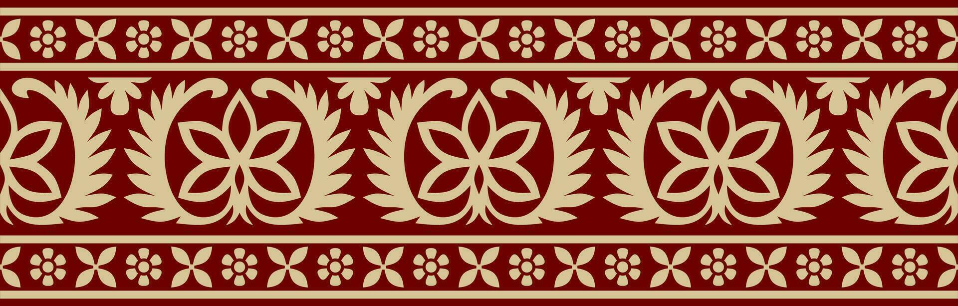 vector naadloos goud en rood Indisch nationaal ornament. etnisch eindeloos fabriek grens. bloemen kader. klaprozen en bladeren