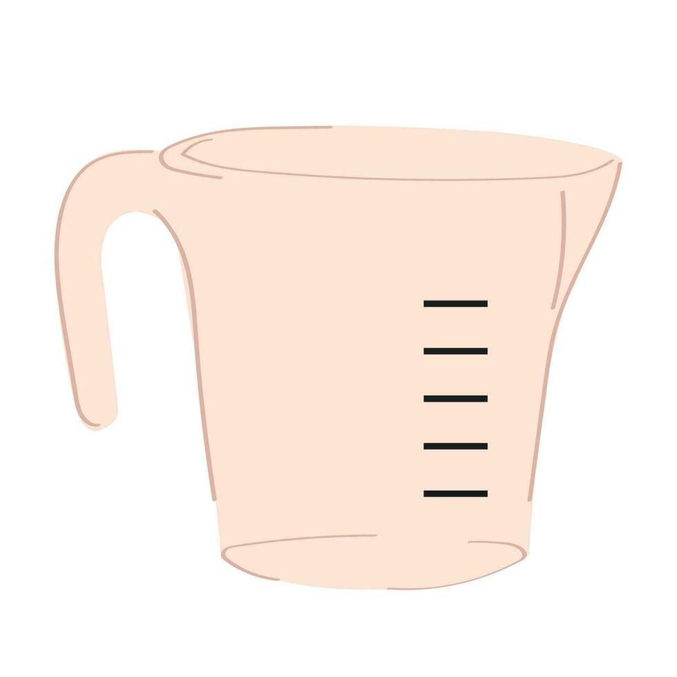 schattig tekenfilm stijl meten beker. glas kruik met schaal. keuken werktuig. geïsoleerd Aan wit. vector