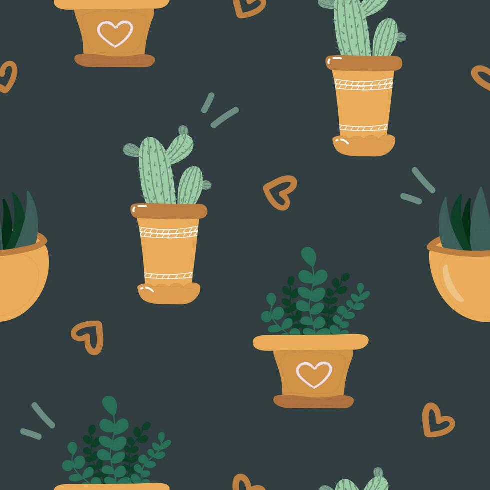 schattig gemakkelijk naadloos patroon met schattig cactussen in de warm palet. eindeloos backdrop met knus cactus kamerplant kan worden gebruikt voor omhulsel papier, achtergrond, kleding stof, plakboek. hand- getrokken tekening vector