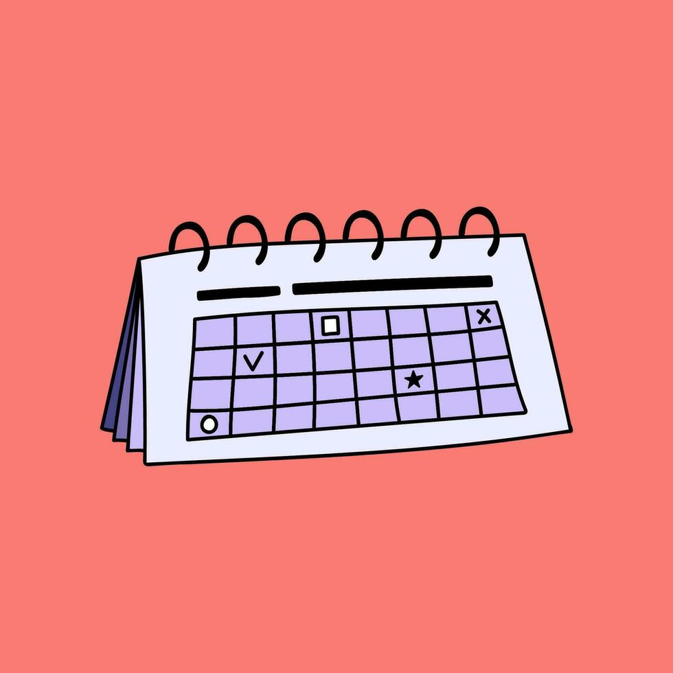 modieus hand- getrokken kalender Aan ringen in tekenfilm stijl. bedrijf icoon over tijd Aan projecteren, termijnen, datums, prestatie taken Aan Rechtsaf tijd. vector illustratie geïsoleerd Aan de achtergrond