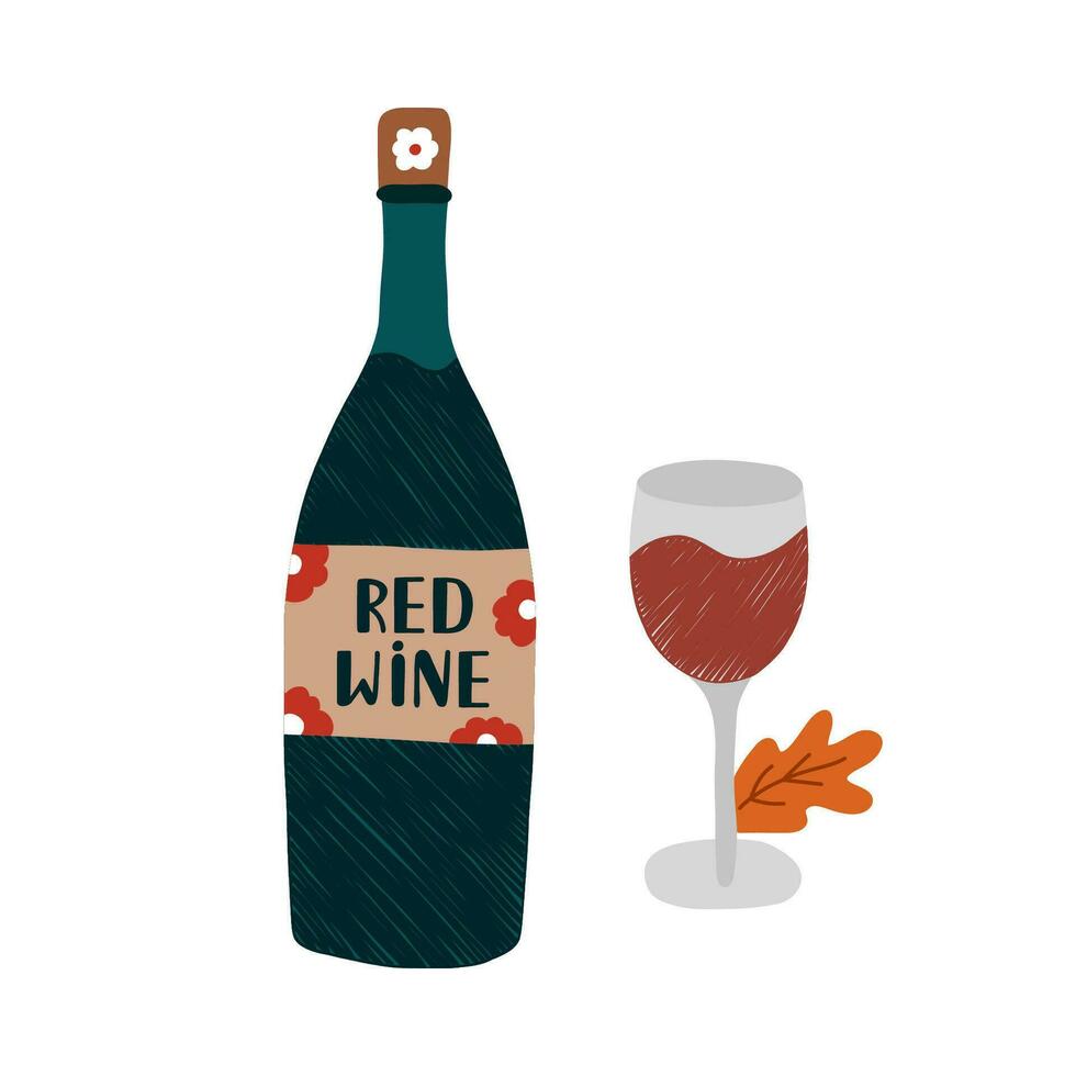 knus herfst klem kunst met seizoensgebonden drankje. fles en glas van rood wijn met schattig etiket en een blad. hygge hand- getrokken illustratie geïsoleerd Aan achtergrond. kan worden gebruikt voor kleding stof, sticker, scrapbooken. vector