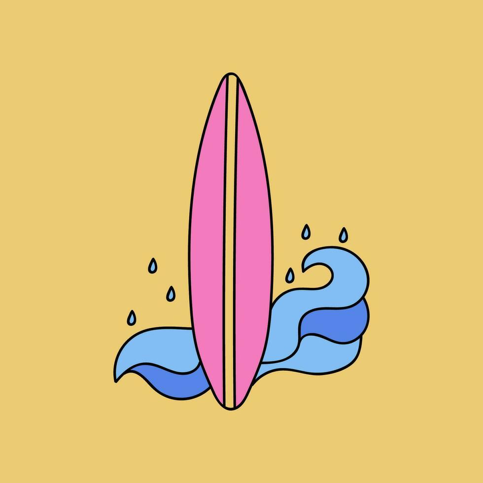 schattig en kleurrijk hand- getrokken vector surfboard met golven voor de oceaan, zee, water sport en activiteiten. vector clip art illustratie geïsoleerd Aan de achtergrond. kleurrijk tekening met hand- getrokken schets