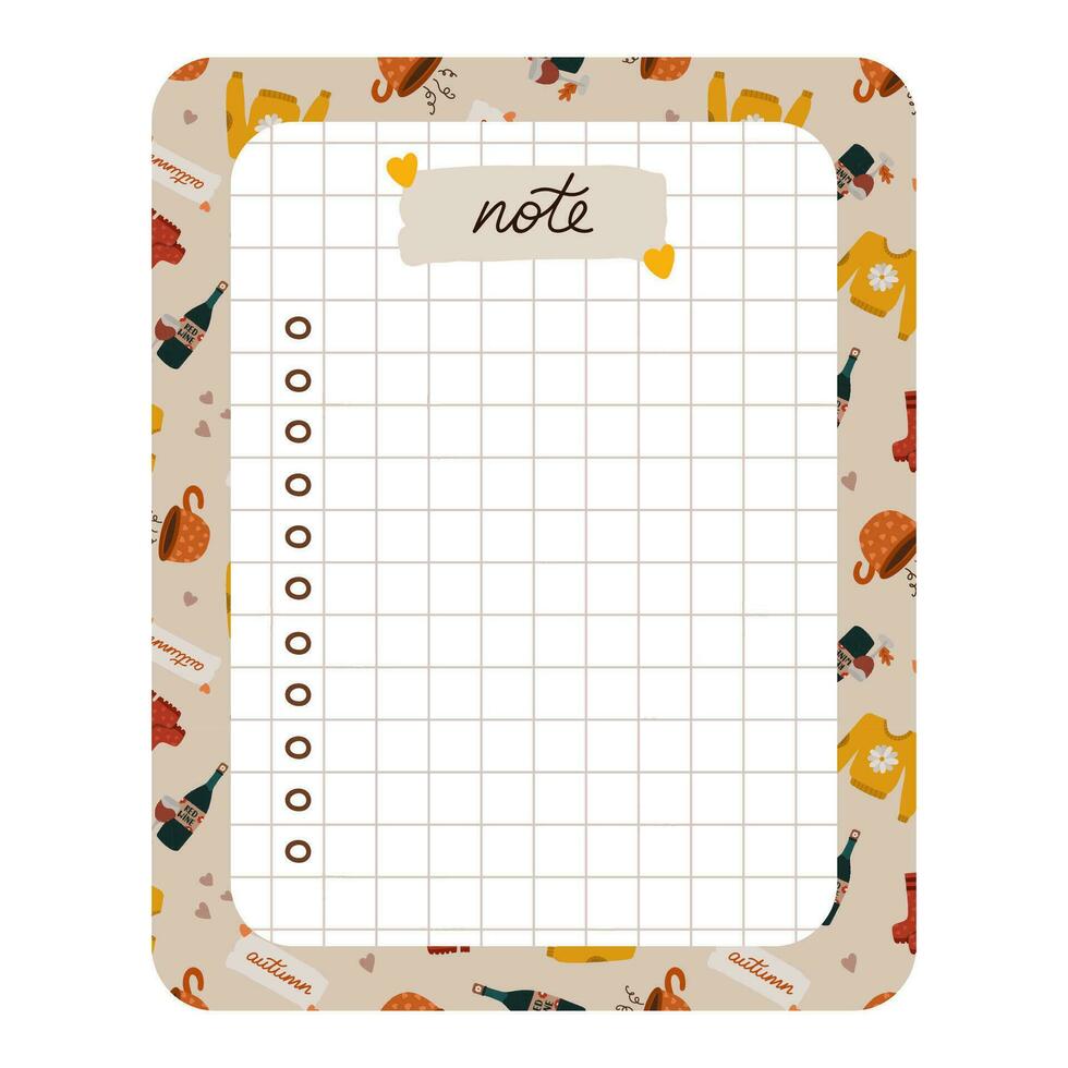 knus plakboek Sjablonen voor planner. notities, naar doen, naar kopen en andere met hygge herfst klem kunsten van seizoensgebonden kleren, drankjes, decor. met bewerkbare illustraties. voor school, Universiteit schema. vector