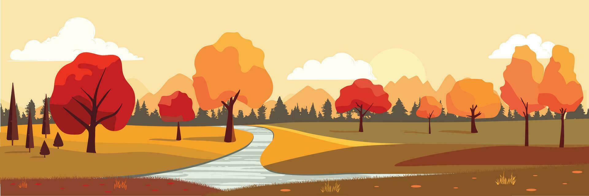 herfst lang spandoek. natuur vallen landschap. vredig landschap van natuurlijk platteland met zonsopkomst voor vallen seizoen achtergrond. vector illustratie.