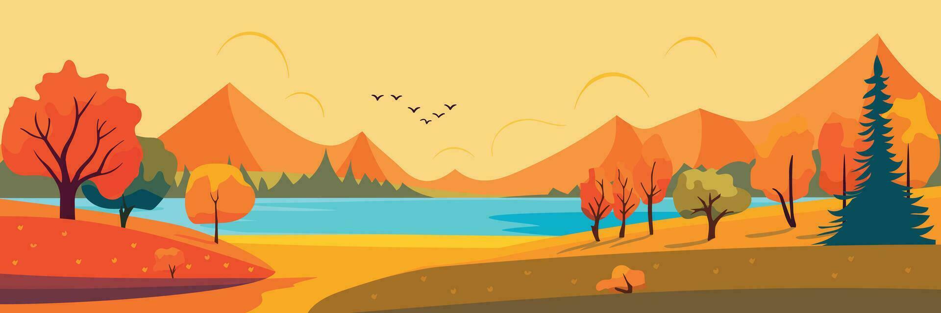 herfst landschap met bomen, bergen, velden, bladeren, meer, rivier- en vogels. platteland landschap. vallen achtergrond. vector illustratie