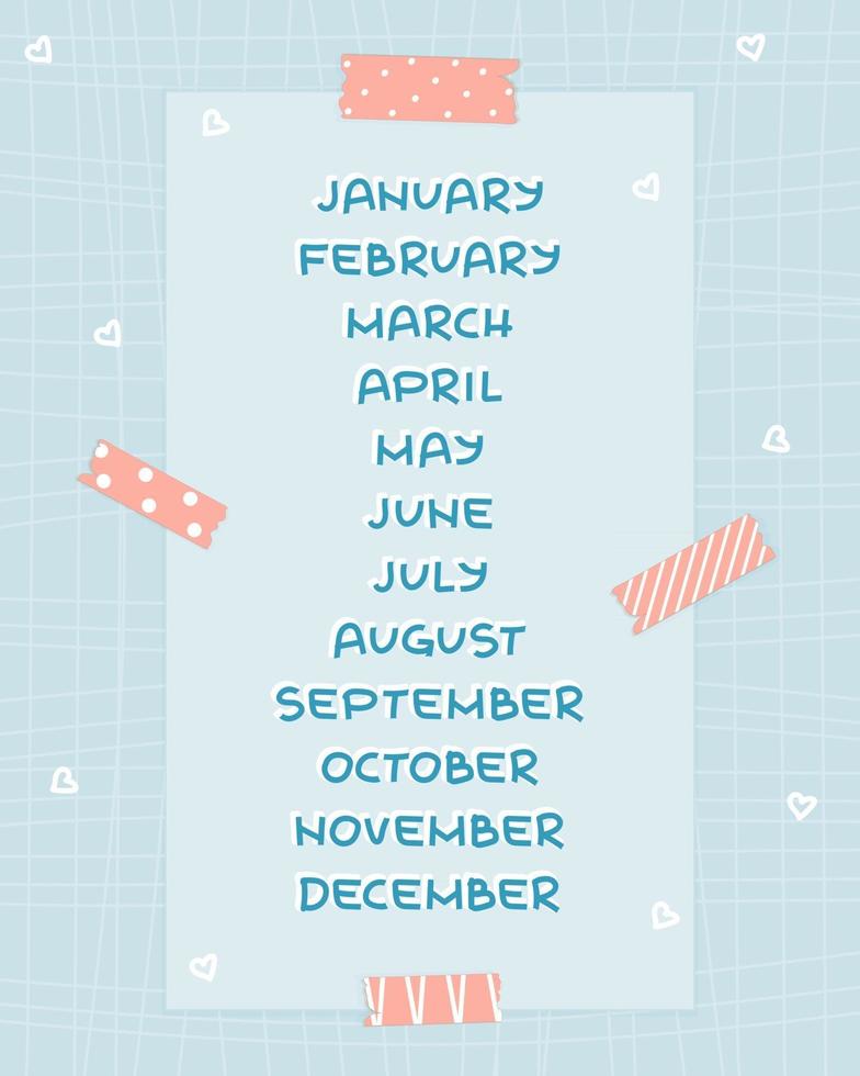 blauwe maanden van januari woorden tot december in het Engels op patroon achtergrond met roze washi tape en papier met lijnen en witte harten voor kalender of planner vector