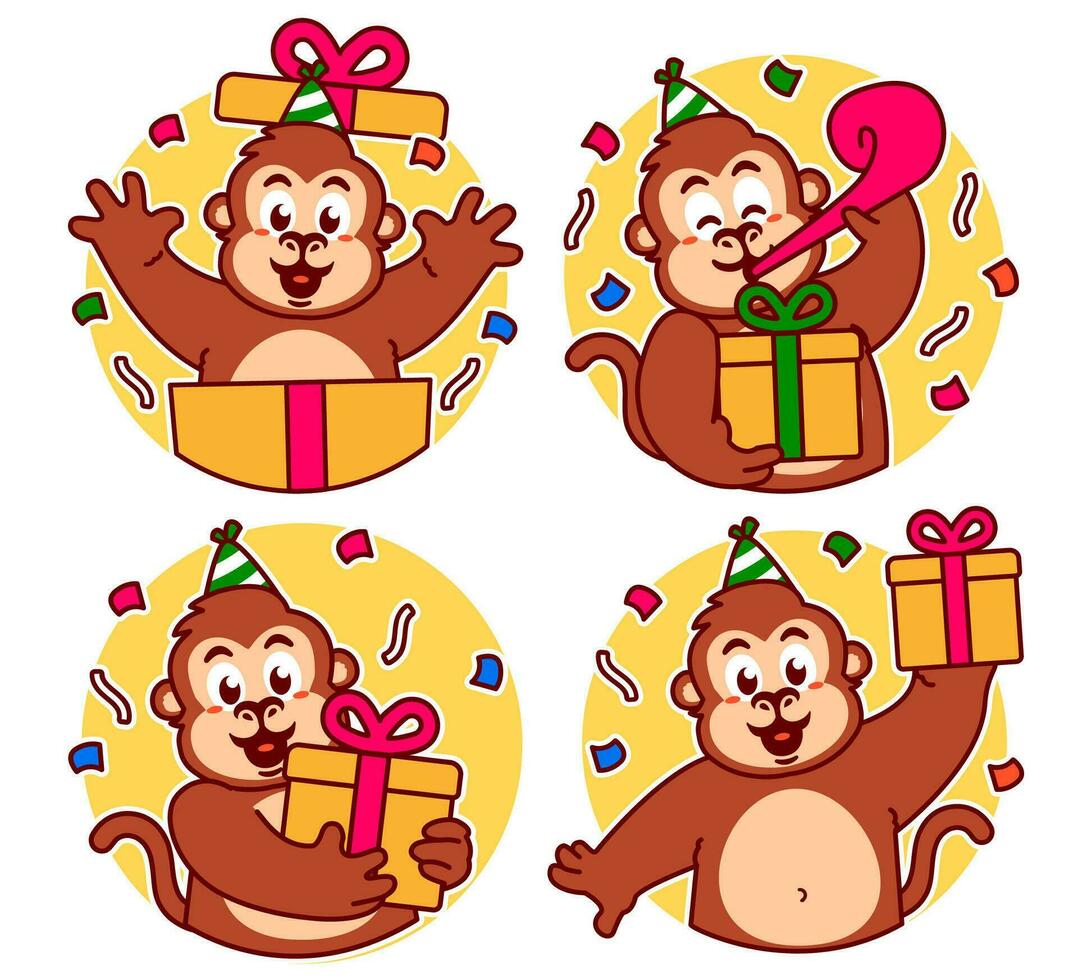 verjaardag aap tekenfilm stickers vector