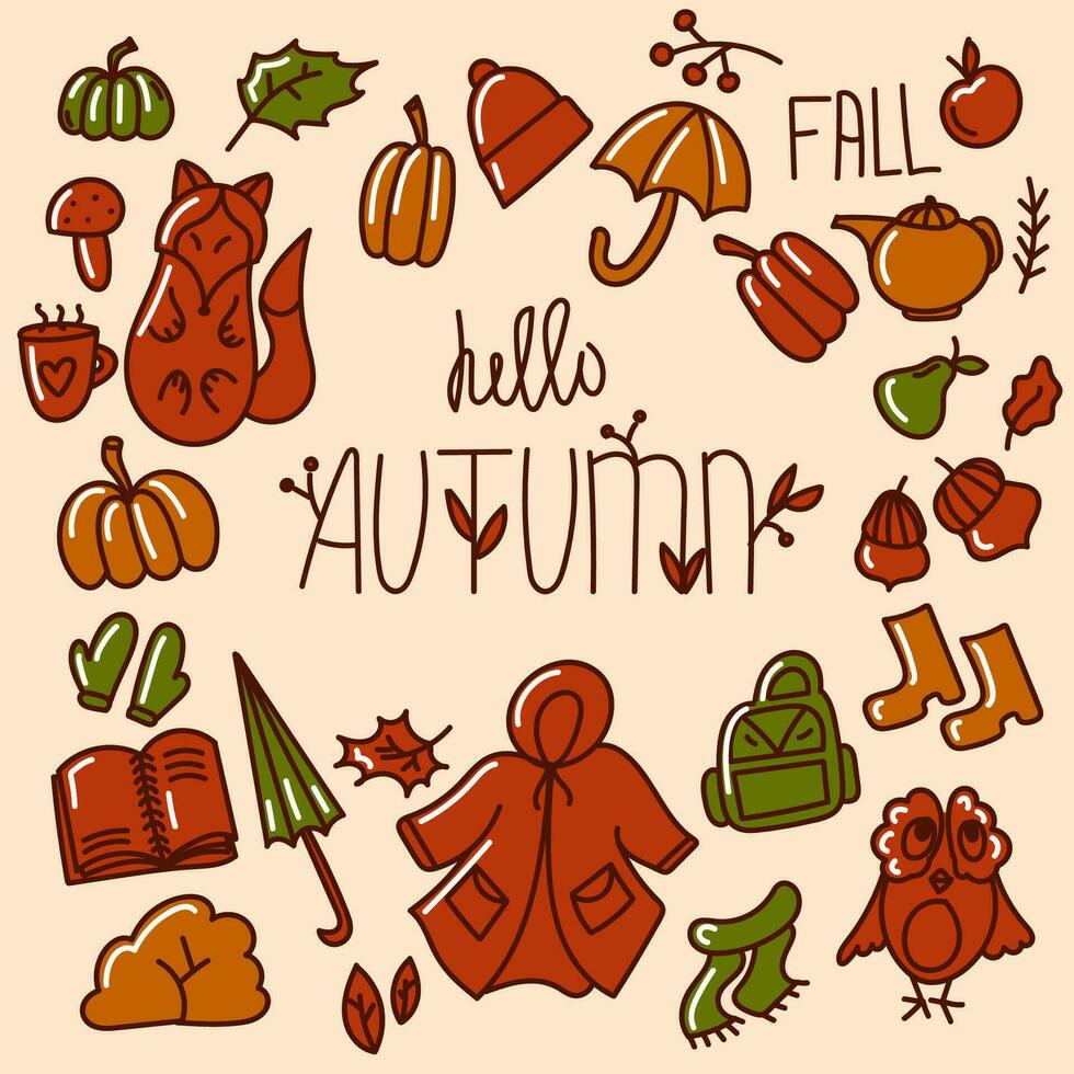 levendig herfst tekening illustratie met kleurrijk bladeren, pompoenen, en eikels Aan een schoon wit achtergrond. perfect voor toevoegen seizoensgebonden charme naar uw ontwerpen en creatief projecten. vector