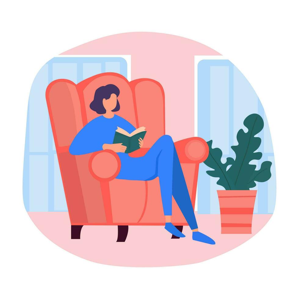 jong vrouw karakter is zittend in de fauteuil ontspannende en lezing een boek. concept van mensen blijven huis in een knus en ontspannen atmosfeer. vector illustratie
