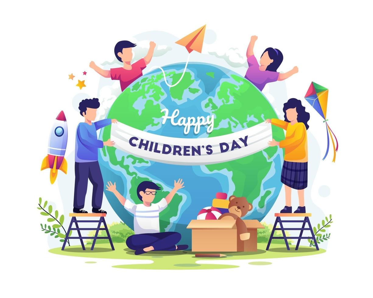 wereld kinderdag met gelukkige kinderen over de hele wereld en bezig met decoratie vectorillustratie vector