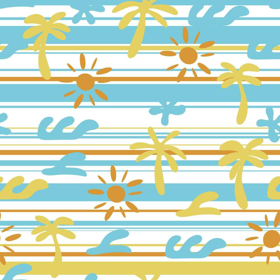 naadloos abstract patroon met zon, palm boom, golven. vector illustratie