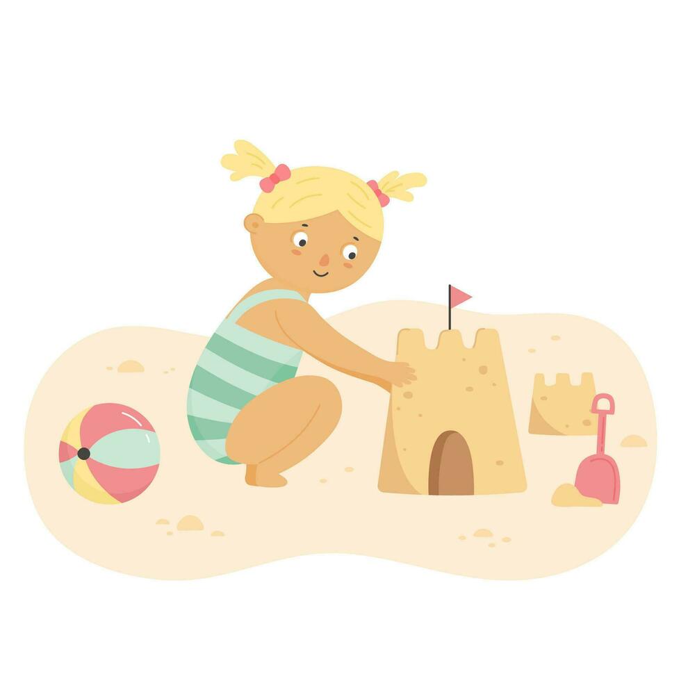 weinig meisje gebouw Zandkasteel zittend Aan zomer zee kust strand zand. gelukkig baby tekenfilm karakter spelen Aan zomer strand. vakantie vrije tijd. vlak vector illustratie