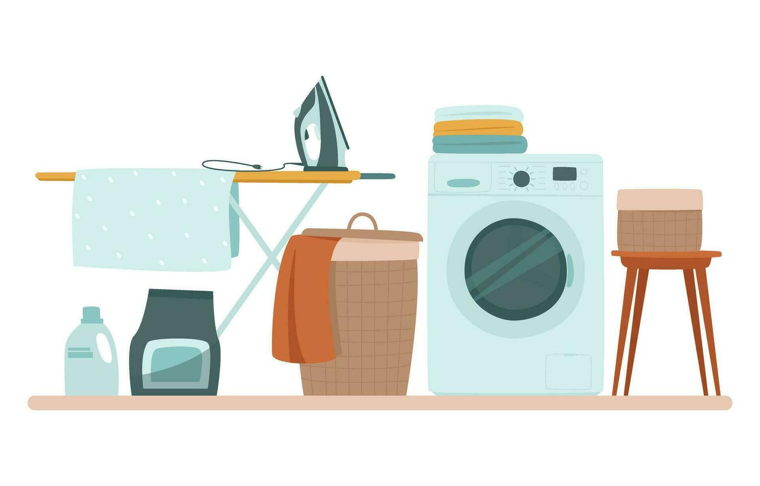 de wasserij kamer heeft een het wassen machine, een wasserij mand en een strijken bord en ijzer vector
