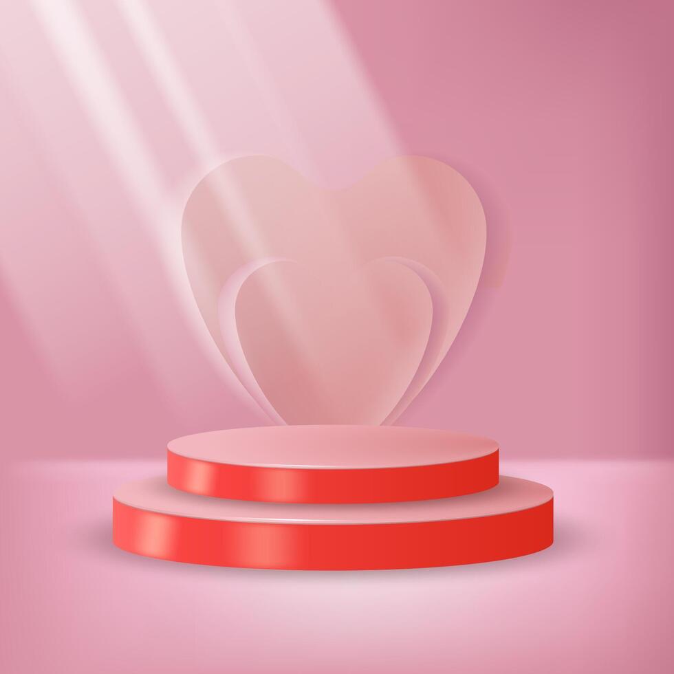 3d podium dubbele rood en roze liefde met zon stralen backround vector