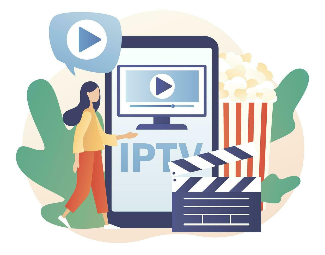 internet protocol televisie. iptv in smartphone app. klein vrouw kijk maar digitaal media TV stroom. slim multimedia technologie. modern vlak tekenfilm stijl. vector illustratie Aan wit achtergrond