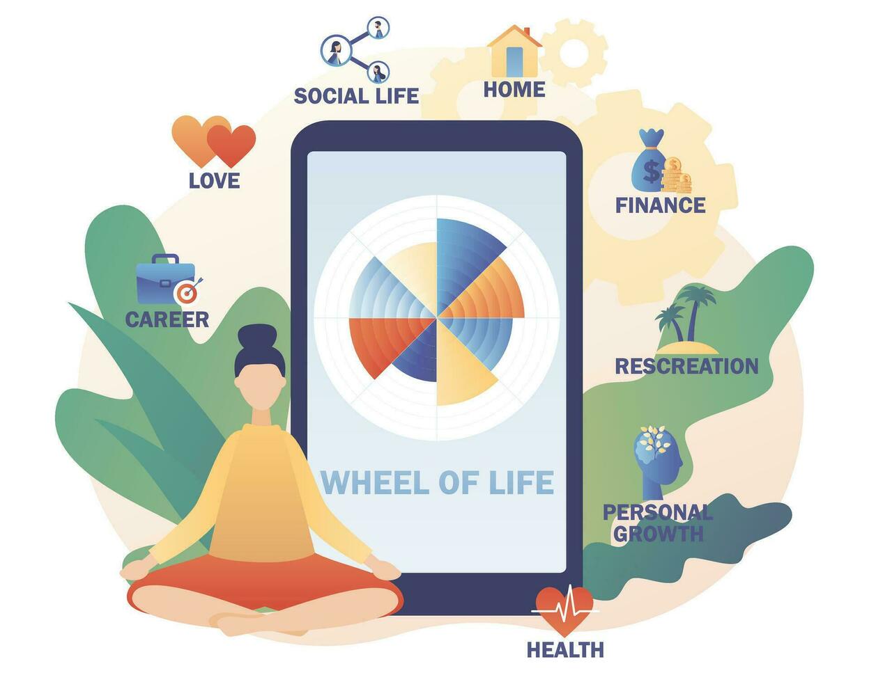 leven balans concept. wiel van leven Aan smartphone app. klein vrouw zittend in yoga lotus houding. meditatie. coaching hulpmiddel. menselijk behoeften. leven coachen. modern vlak tekenfilm stijl. vector illustratie