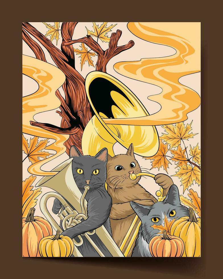 paar katten spelen muziek- met herfst vallen vlak illustratie Hoes poster banier vector