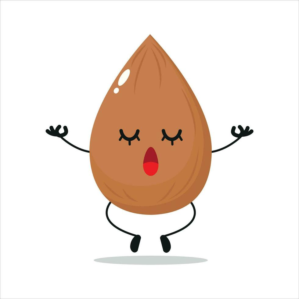 schattig kom tot rust amandel karakter. grappig yoga amandel tekenfilm emoticon in vlak stijl. groente emoji meditatie vector illustratie