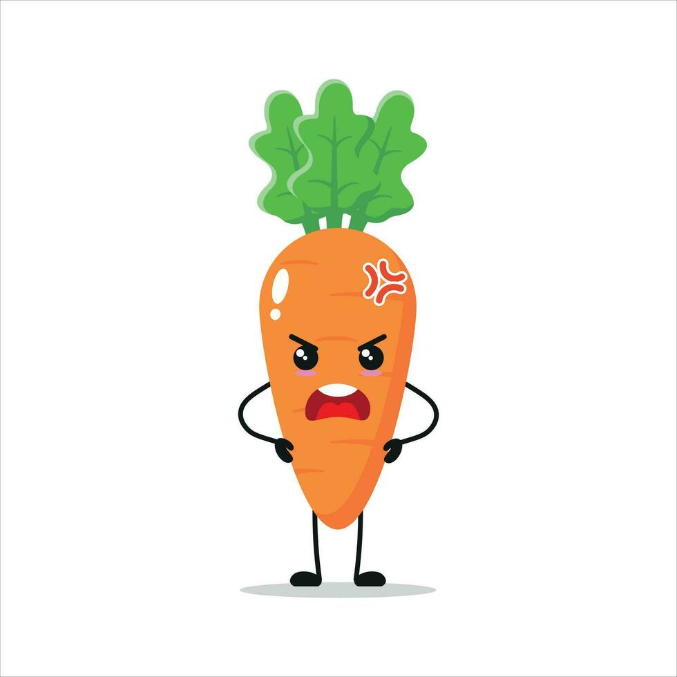 schattig boos wortel karakter. grappig woedend wortel tekenfilm emoticon in vlak stijl. groente emoji vector illustratie