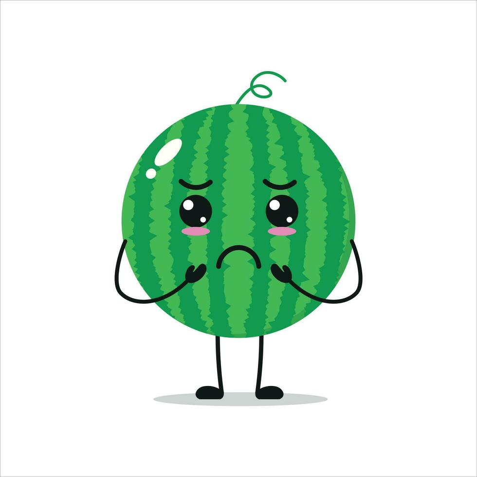 schattig somber watermeloen karakter. grappig verdrietig watermeloen tekenfilm emoticon in vlak stijl. fruit emoji vector illustratie