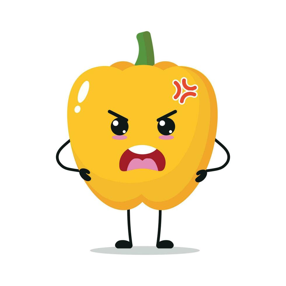 schattig boos geel paprika karakter. grappig boos paprika tekenfilm emoticon in vlak stijl. groente emoji vector illustratie