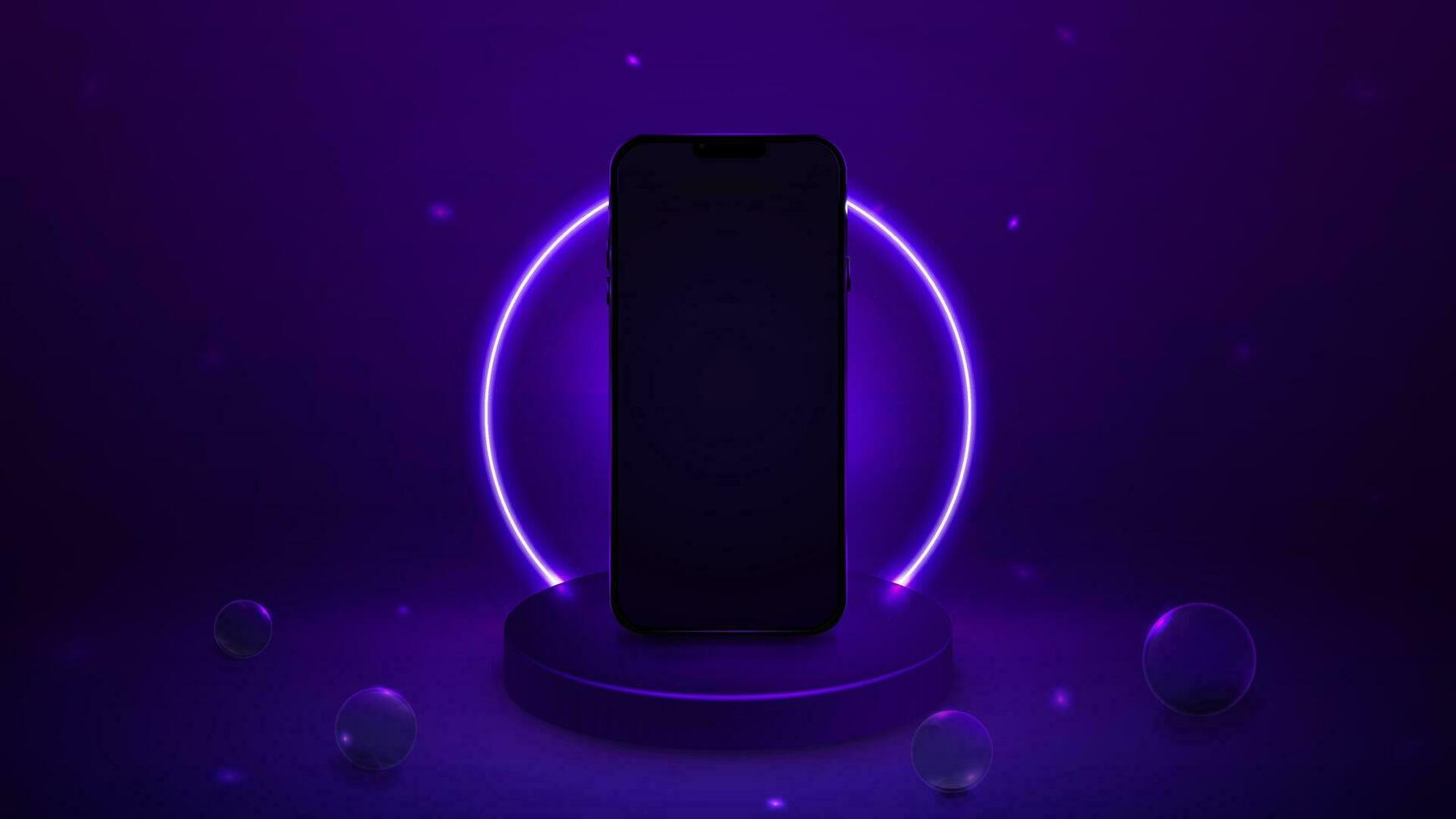 3d smartphone Aan de podium met neon verlichting , realistisch vector illustratie.