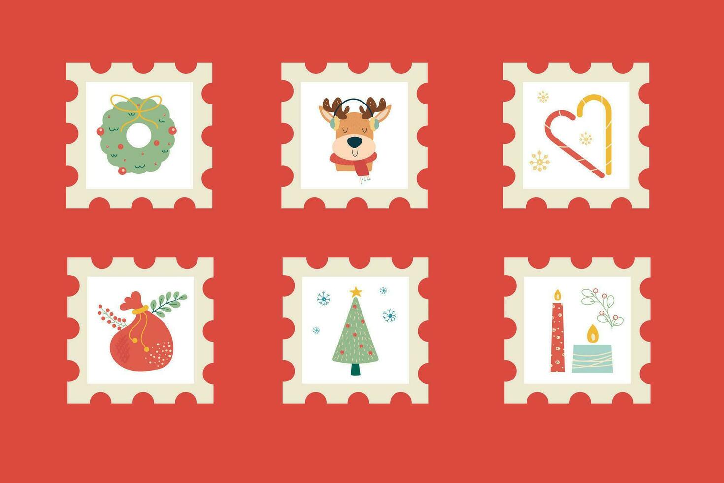 een verzameling hand- getrokken van Kerstmis postzegels. Kerstmis decoraties vector