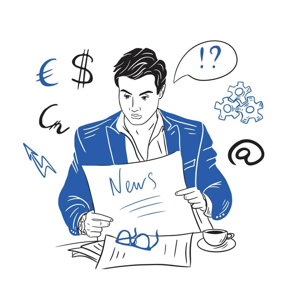 een zakenman in een blauw pak leest financieel nieuws in een krant.krabbel hand- getrokken schets.bedrijf items set.vector illustratie vector