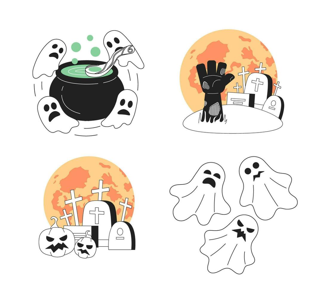 begraafplaats halloween partij monochroom concept vector plek illustratie set. spookachtig geesten, grafstenen 2d vlak bw tekenfilm scènes voor web ui ontwerp. helloween geïsoleerd bewerkbare hand- getrokken held beeld pak