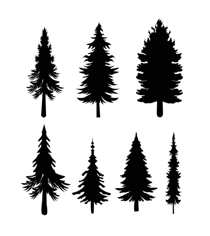 wijnoogst verschillend pijnboom bomen en Woud silhouetten reeks geïsoleerd Aan wit achtergrond vector illustratie