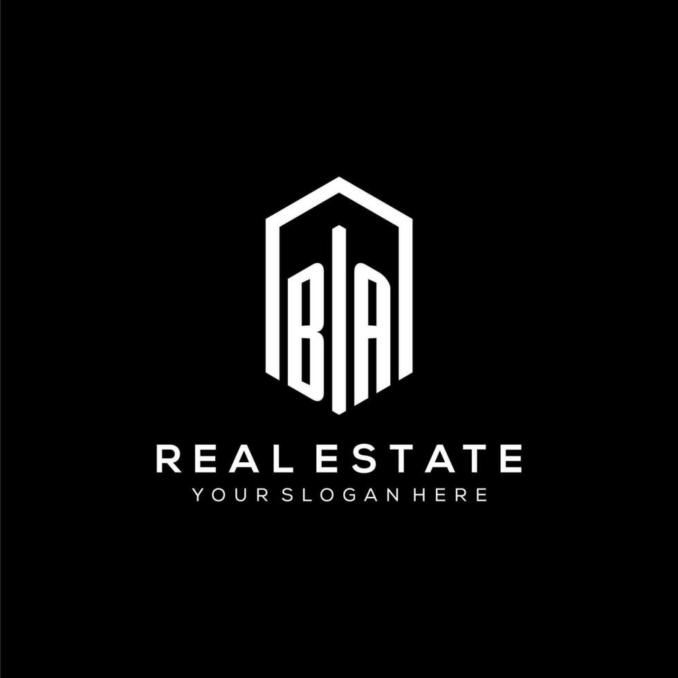 brief ba logo voor echt landgoed met zeshoek icoon ontwerp vector