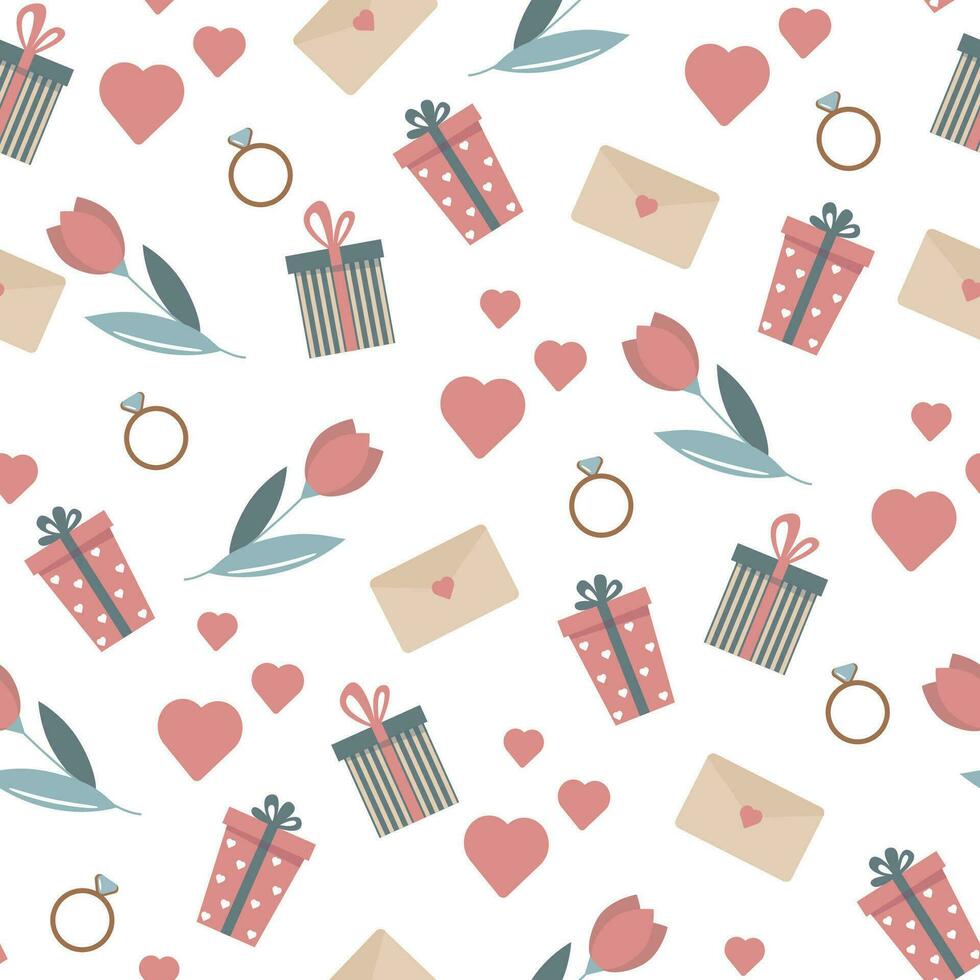 Valentijnsdag dag patroon in vlak stijl. traditioneel symbolen hart, ring, bloem, cadeaus en anderen. vector illustratie