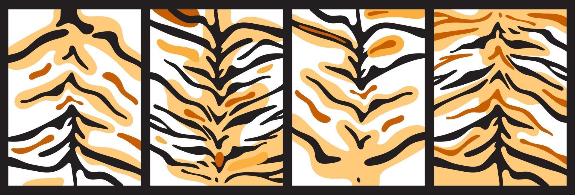 set achtergronden van tijgerstrepen en oranje vlekken. vector abstracte collage van roofdierhuiden.