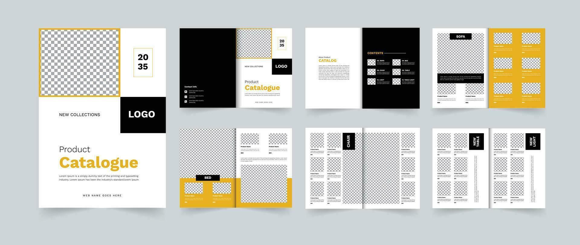 Product catalogus lay-out of meubilair catalogus ontwerp sjabloon met geel en zwart kleur vector