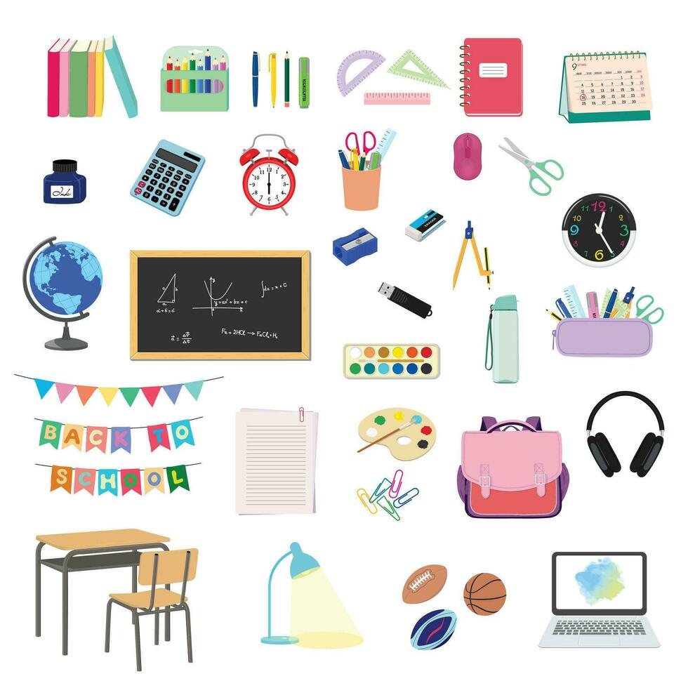 reeks van 40 items voor terug naar school- concept. school- benodigdheden vlak vector illustratie in kleur geïsoleerd Aan wit achtergrond