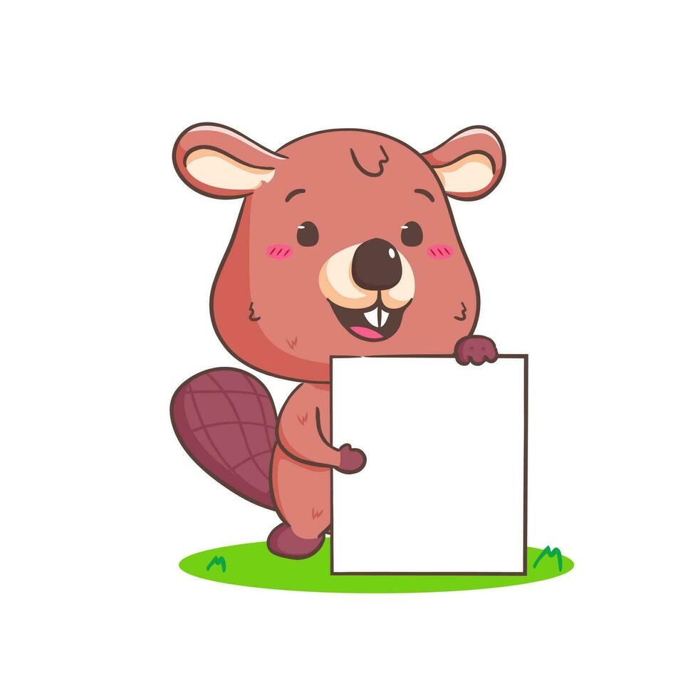 schattig bever tekenfilm karakter Holding leeg bord mascotte vector illustratie. kawaii aanbiddelijk dier concept ontwerp. geïsoleerd wit achtergrond.